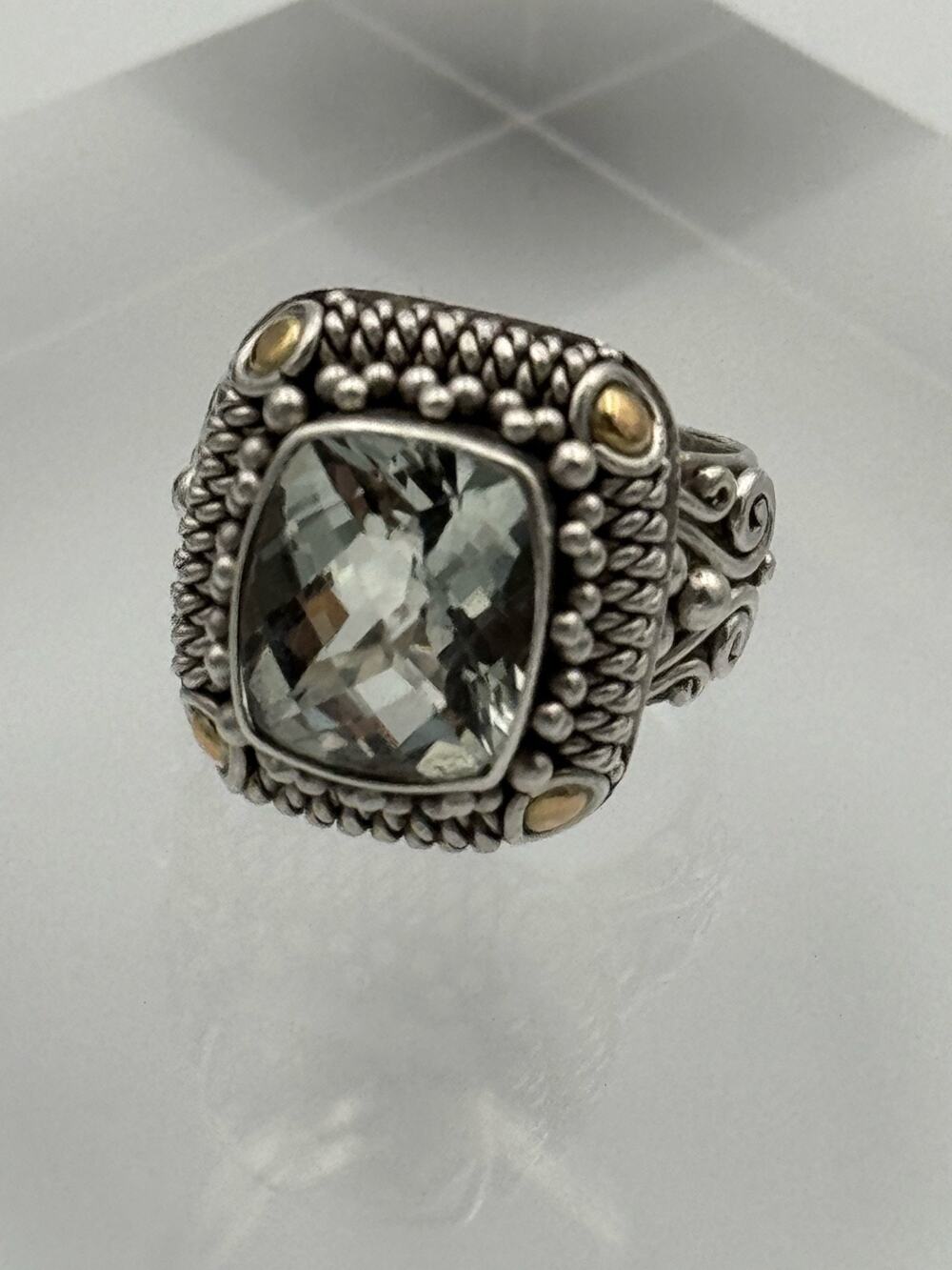 Vintage BA Suarti Bali Sterling Silver 18K Gold Green Amethyst Cushion Ring 5.25